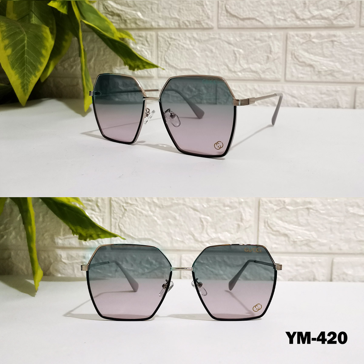 YM-420 نظارة شمس حريمي موديل 2026 جوتشي تركواز مدرج روز - الصورة 1